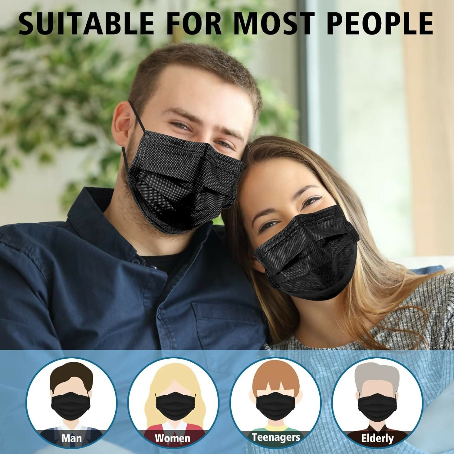 Prune - Face Mask Black Disposable Breathable Dust Filter Masks with Elastic Ear Loop for Men & Women - 50 pieces