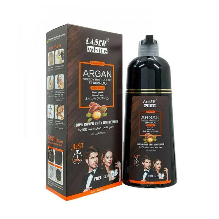 Laser White Instant Hair Dye Shampoo with Argan Oil, Dark Brown, 420 ml