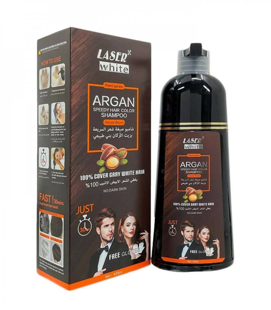 Laser White Instant Hair Dye Shampoo with Argan Oil, Natural Brown, 420 ml