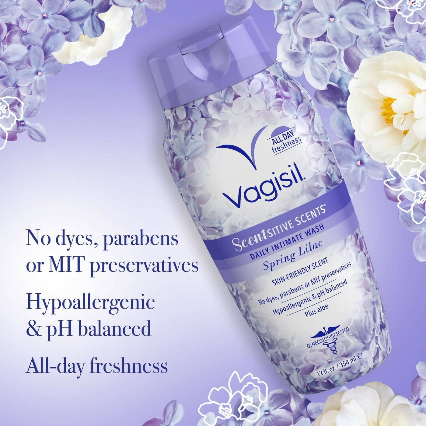 Vagisil Scentsitive Scents Kadınlar İçin Günlük Kadınsı Intimate Yıkama, Plus Aloe, Tüm Gün Tazelik, Hipoalerjenik, cilt dostu Bahar Leylak Kokusu, 354ml Bahar Leylak Yıkama